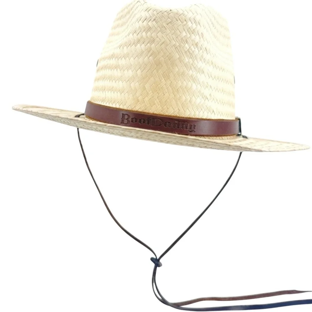 Double M Saddlery Boot Daddy Straw Safari Hat OS Natural Tan Leather Band Strap